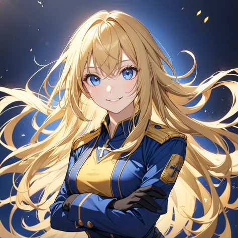 High resolution, high quality, hd, beautiful female, 1 female, pretty, beautiful, long blonde hair, blonde hair, dark blue eyes, blue eyes, smile, gold uniform, hero outfit, black gloves, cross arms, half body, medium breasts, looking at viewer