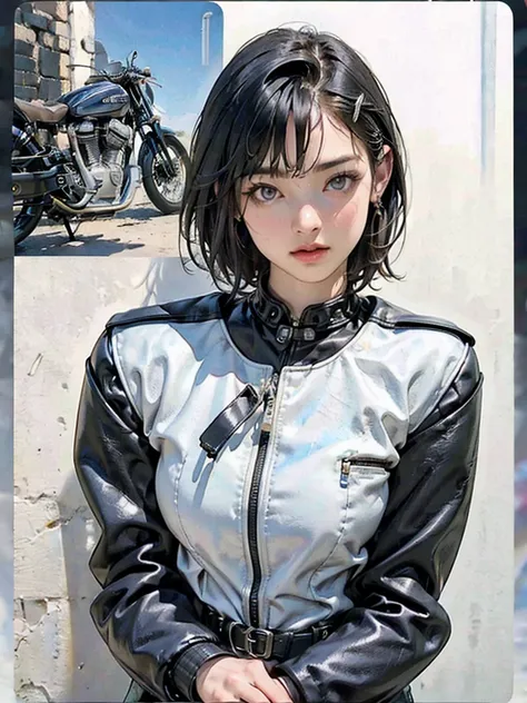 ( motorcycle riding:1.2)、( A sports bike that is completely mechanically correct )、  is completely anatomically correct、Extremely beautiful young woman、1 person、 beautiful faces,  beautiful delicate eyes,  black hair,  short bob hair、 leather jacket 、After...