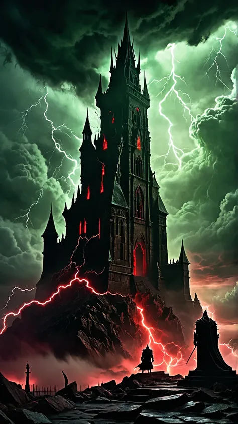 Dark Fantasy style, Chiaroscuro, best quality, high detail, towering dark spire, ominous atmosphere, glowing red lightning, heavy storm clouds, shadowy tendrils, monstrous gargoyle statues, cracked stone texture, eerie green fog, dynamic lighting, glowing ...