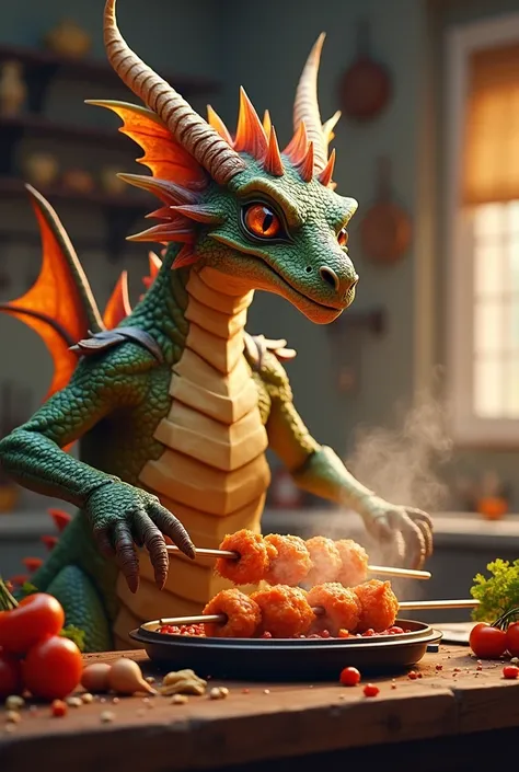 Un dragon humanoïde en train de fabriquer un kebab sur un appareil à kebab