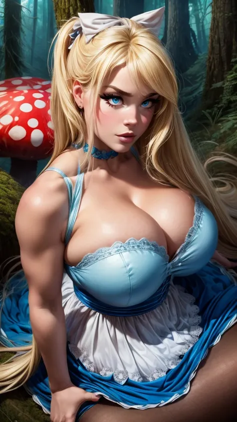 ultra realistic, full body view, sharp focus, alice in wonderland wearing white and blue dress, large eyes, dark mascara, chubby figure, deep cleavage, (big saggy breasts), extremely long blonde hair, large black bow in hair, in thick forest, sitting on gi...