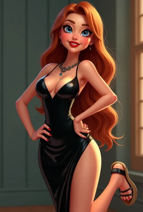 Create me a beautiful animated white-skinned girl with blue eye tattoos,  big lips red color , Long, smooth copper hair ,  shiny evening makeup wear a shiny black dress , And a necklace and high sandals ,  posing for a photo smiling with her hands on her w...