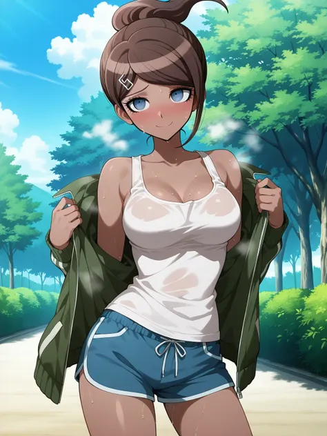 score_9, score_8_up, score_7_up,masterpiece, best quality, (anime screencap),(source_anime), anatomically correct,
(front view),1girl,solo,asahina aoi/(danganronpa/),brown hair, ponytail, blue eyes, dark-skinned female, hairpin,
white tank top, red jacket,...