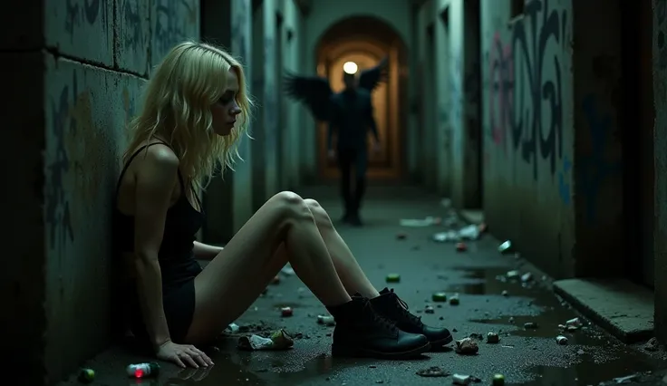 night, portrait, realistic, photography, of drug addicted tiny blonde young woman in black shorts and black shoes, looks like Emma Stone, Large interpupillary distance, white trash clothes gothic, Smokey Eyes, disheveled, sits on the ground and leans heavi...