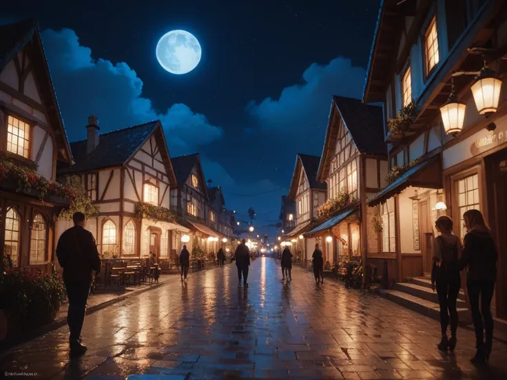 A village in the English countryside at 1700 at night, Darkness without lights, JUST THE MOON