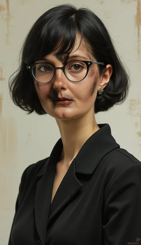 Rachel de Queiroz. 50-year-old woman with fair skin, short straight dark hair, wearing glasses and 20th century clothes and staring straight ahead.