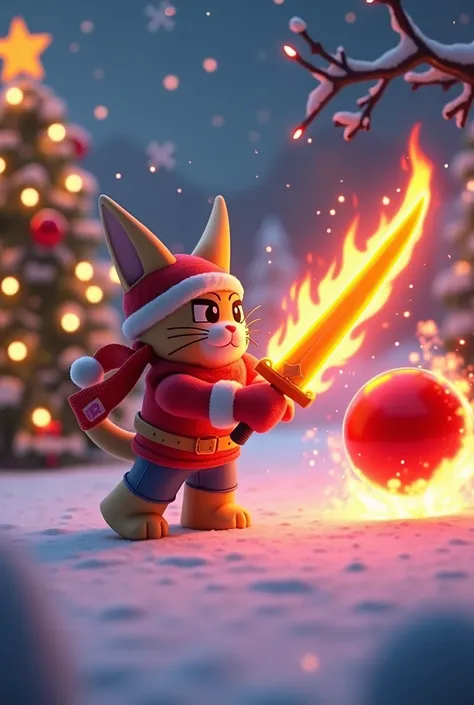  I would like a Roblox character with a cats face ,  with a red sword with flames hitting a red ball mandatory, all this with a Christmas atmosphere 
