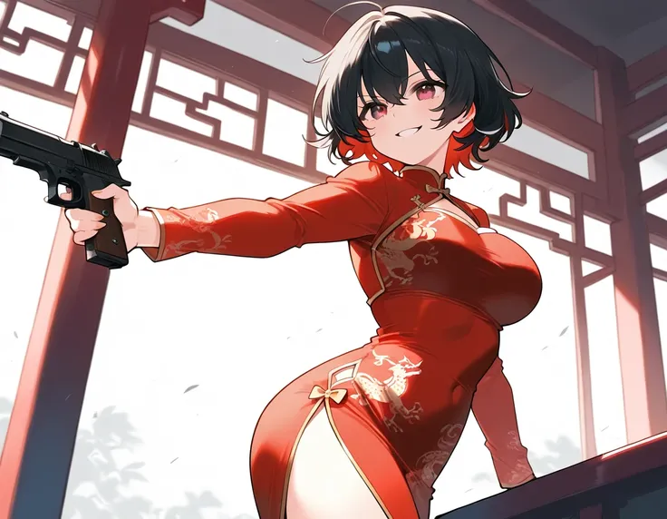 score_9, score_8_up, score_7_up, masterpiece, ultra-detailed,1Girl, sendou ayumu, Black hair, red inner hair, long dress, long sleeves, red China dress, smile, bust up, shoot a handgun, from side