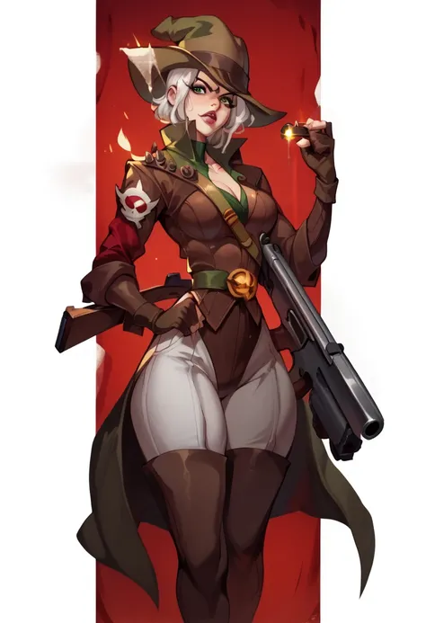 a drawing of a woman in a witch hunter costume holding a gun, hunter, white hair, big shotgun in hand front body, rogue anime girl, a large gun in the foreground, badass pose, great art, high quality, Mr.Psina ArtStyle