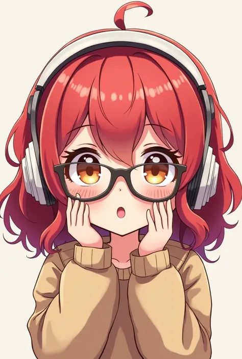 1girl , red wavy hair , brown eyes , white gaming headset , wearing glasses , chibi , highly detailed, hands on face , 
