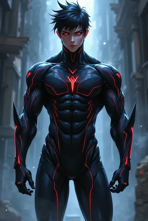 Create a young and strong male avatar,  inspired by Omens costume, Valorant agent .  and with anime traits , with dark background