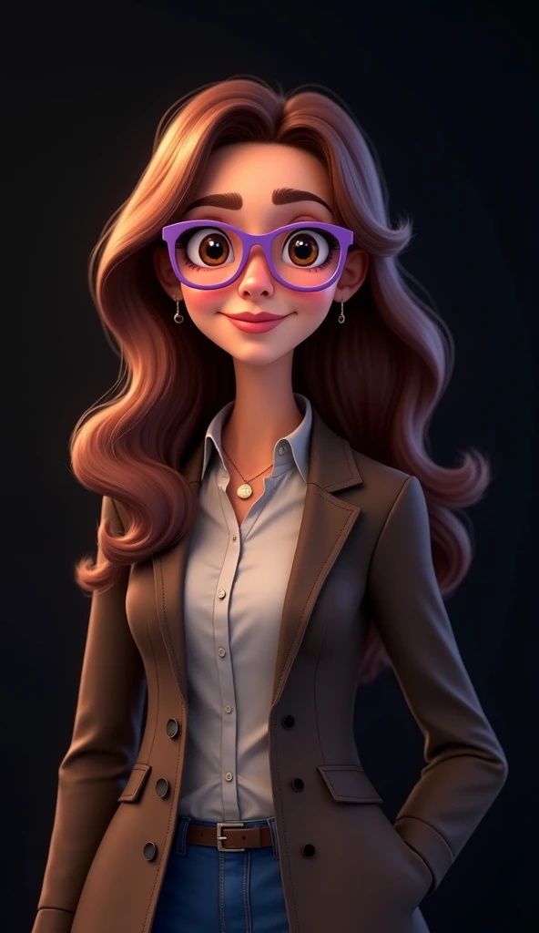 create a full body image, of a news reporter with beautiful long brown wavy haired smiling 35 years old girl with brown eyes wearing purple glasses with half slanted eyes with a Disney Pixar, she looking camera or curious, with a well-lit and engaging expr...