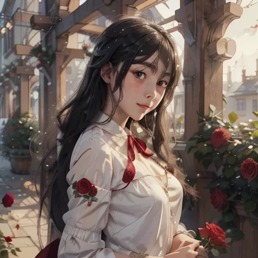 Anime girl with long black hair and a white dress with red roses, Gwaiz, Gwaiz on pixiv artstation,  detailed digital animation art, beautiful anime girl, Gwaiz on artstation pixiv, Anime Style 4k, everyone, beautiful anime portrait,  detailed portrait of ...