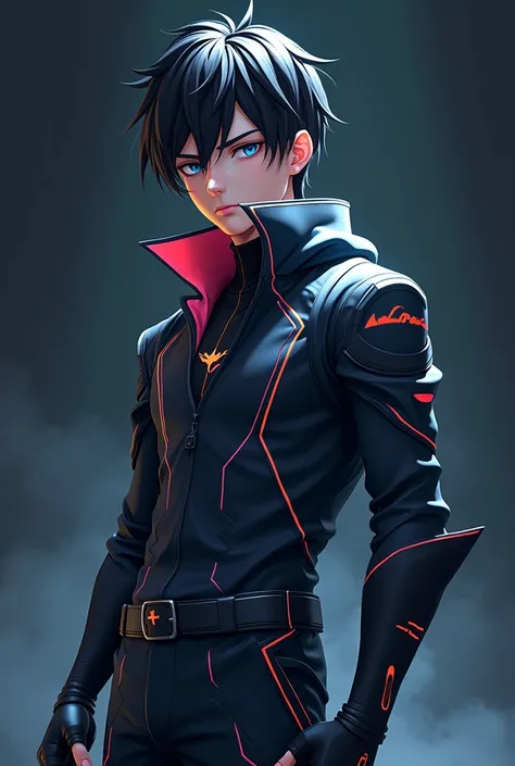 s costume and colors Create a young and strong male avatar, look, inspired by Omen , Valorant agent .  and with anime traits , with dark background