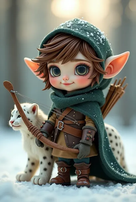 A small creature with short brown wavy hair, slightly beige skin and grey eyes. A round smiling face with rosy cheeks and a turned-up nose.
Dressed in leather armor and a dark green woolen cloak with a hood on the back, a quiver and a long bow almost as bi...