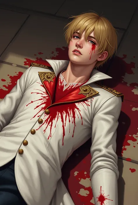 Prince with short blonde hair, wearing king dress, lying Floor. his hair, mouth and cheek . His white clothes tinted with blood from continuous bleeding wound in his chest