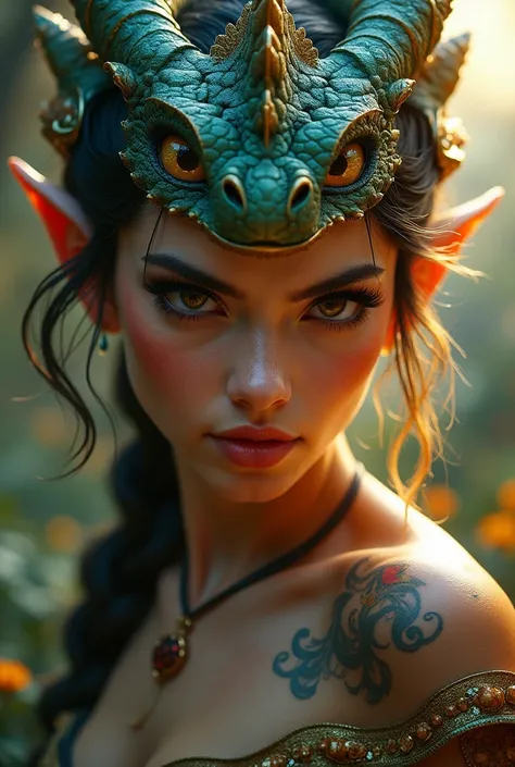 beautiful detailed eyes, beautiful detailed lips, extremely detailed eyes and face, longeyelashes, 1 woman, dragon hybrid, half-naked, mischievous expression, cinematic lighting, dramatic dynamic pose, epic fantasy, photorealistic, (best quality,4k,8k,high...