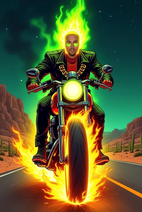 "A Marvel Comics-style cartoon portrait of a Ghost Rider-inspired motorcycle rider, featuring a man with facial features reminiscent of the reference photo, riding a Meteor 350 motorcycle on a desert highway at night. The character has a fiery skull with b...