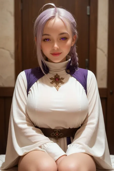 {{upper body}} {{Artist: sincos}} 1girl, solo, lavender hair, purple eyes, medium hair, purple cape, white robe, intrincate detail, medium breasts, smile, half-closed eyes, tsurime, white mage, baggy clothes, long sleeves, hair between eyes, asymmetrical b...