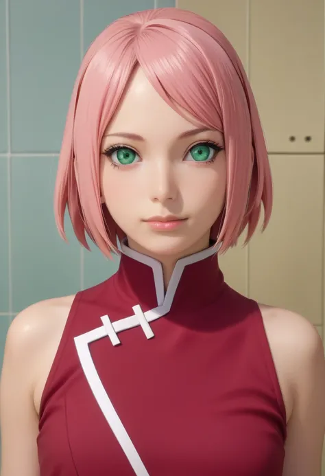 NSFW, Extremely realistic, Ultra detailed, Make a this realistic, ((16K, Raw, Photography realistic:1.25)), (Masterpiece, Extremely high quality), epic skin, sharp eyes, japan teen gilrs, cosplay anime girl with pink hair and green eyes posing in a bathroo...