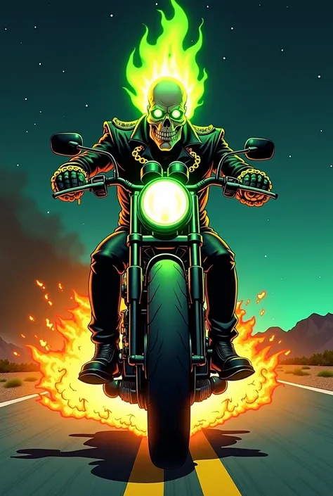 "Cartoon-style portrait of a biker inspired by Ghost Rider, in the style of Marvel Comics, featuring a man with facial features reminiscent of the reference photo, riding a Meteor 350 motorcycle on a desert highway at night. The character has a fiery skull...