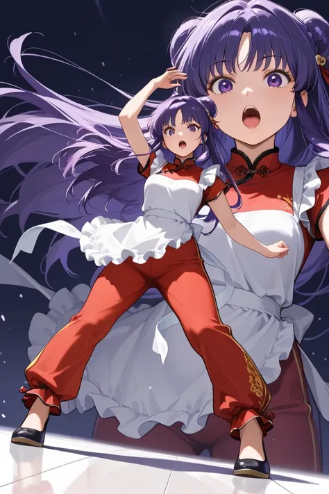  "ups ",(alone:1.3),1 girl(Shampoo,  Anime Character(ranma1/2),beautiful,sexy,   surprised face  , open your mouth, long hair,  Looking at the viewer, blows, simple bottom,   hair ornament , white bottom, dress,  purple eyes,  full body ,  purple hair , si...