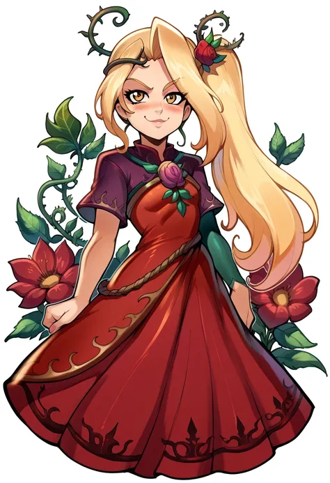 score_9, score_8_up, score_7_up, source_anime, good_hands,
simple white background, 
1girl, solo, IcaViridi, long blonde hair, side ponytail, yellow eyes, red dress, thorn crown, asymmetrical sleeves, hair flower, 
smile, looking at viewer, blush, smug,rei...