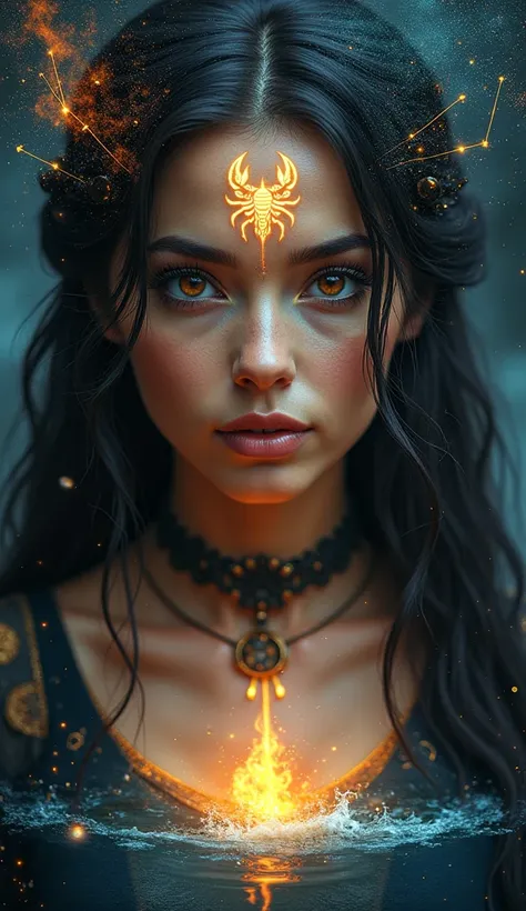 A magical, mystical woman with the essence of Scorpio. Her piercing gaze is complemented by a glowing Scorpio symbol on her forehead, and her celestial background features constellations and elements of transformation, such as fire and water blending in ha...