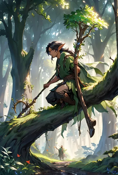 A male druid wood elf, with a root armour, gray eyes, long black hair, a slightly dark skin and a holding a staff. The background can bea forest and hes kneeling on a tree looking down at the ground