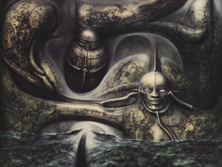 H. R. Gigers g1g3r, , The image  is a classic piece of biomechanical art by H.R. Giger. , , (Triadic:1.1), (Proportion:1.1),  , (Reflected light:1.2), Parchment, ultra detailed, intricate,, dry b (best quality:1.4), H.R. GIGER,  BY GIGER