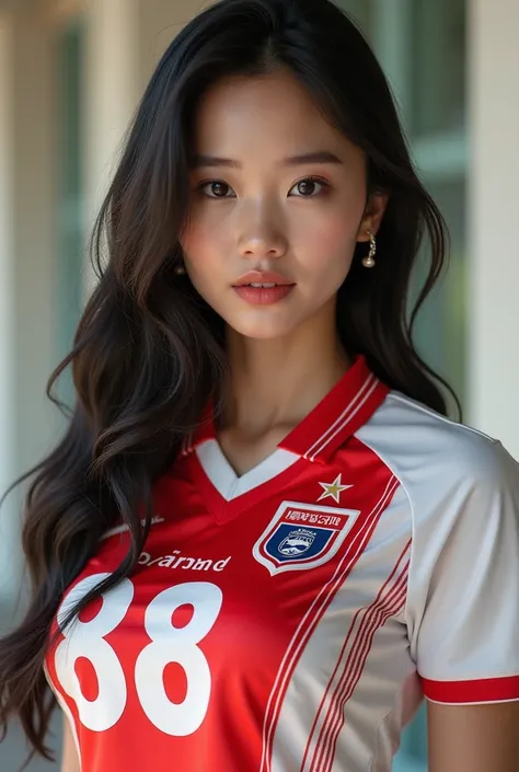 
 Asian women have clear white skin, straight to the viewer, glazed tile skin Shiny, strong abs, glowing skin, beautiful eyes, 38-inch chest size in a bright white-red print national team football shirt dress with graphic print. "thailand 88 ",  dress,  in...