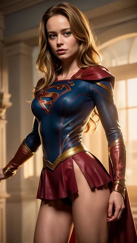 (((1girl))), (very pretty Brie Larson) (((slender wiry body:1.2))), (()), (((naked))), , (((naked wearing classic spandex book supergirl outfit with red cape))), (((exposed visible dense thick lush full hairy shaggy patch of pubic hair:1.2))), (large perky...