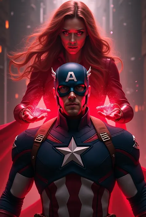 Scarlet witch influences Captain Americas mind with her red magic power, hypnotizing Captain Americas mind, Scarlet witch stands behind Captain America 