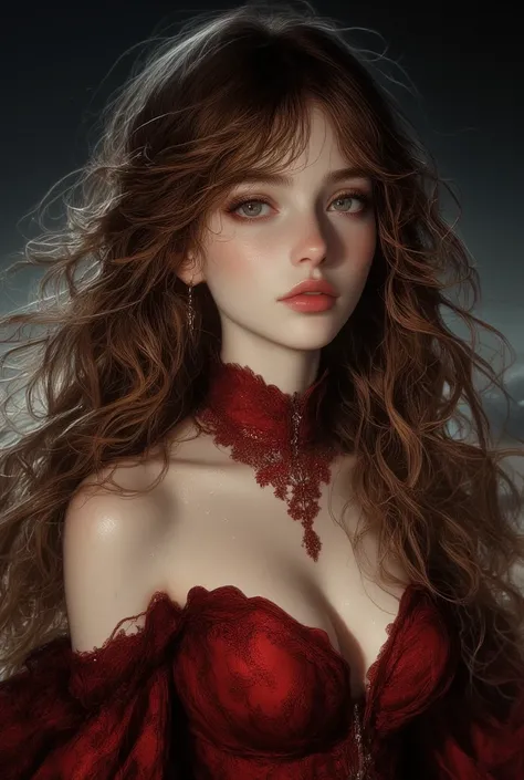 Layered bangs haircut , long thick eyelashes , long golden brown wavy quite silky thick hair , mesmerizing doe almond-shaped Hazel eyes mixed with green , plump full round natural red lips like doll lips with heavy lower lips , button flared small nose , r...