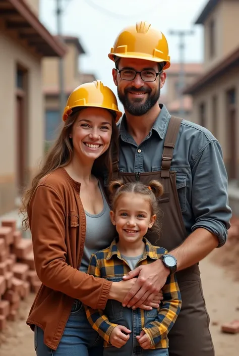 Create for me the image of a bricklayer with a helmet and his wife with two happy ren in a photo