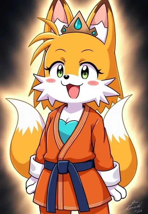 Princess, crown, Happy, light Blush, Heart collar, 1girl, alluring gi Dress, tails Miles Prower, fox Girl, large bosom Sonic, tailsko, furry, fur, furry human Girl martial artist , blue undershirt, skn2, Turtle School Gi, Martial Arts Uniform, Orange Outfi...