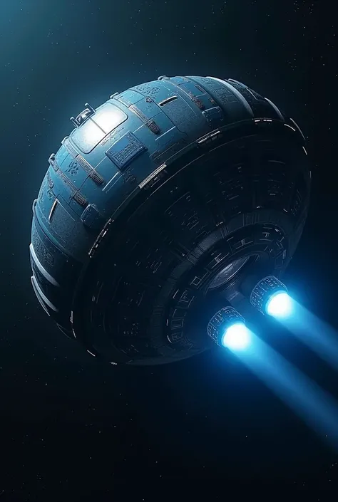 round ship, blue and black ,  giant ship thrusters