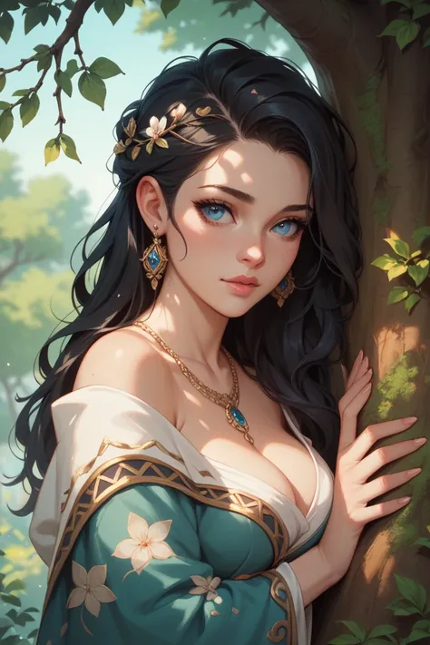  A beautiful girl with black hair and blue eyes centered on an ash tree,  who has a cold and shy expression ,  Let the atmosphere be dark and mysterious 