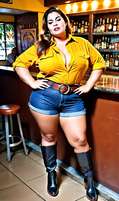 Woman, 25 years old, 1.94m tall. 120kg. Strong and curvy amazonian BBW. Very broad shoulders. Very long legs. Enormous breasts, slightly pointed bosoms. Wearing tight flannel buttoned shirt, goldenrod shirt, half unbuttoned shirt. Lengthy cleavage, deep cl...