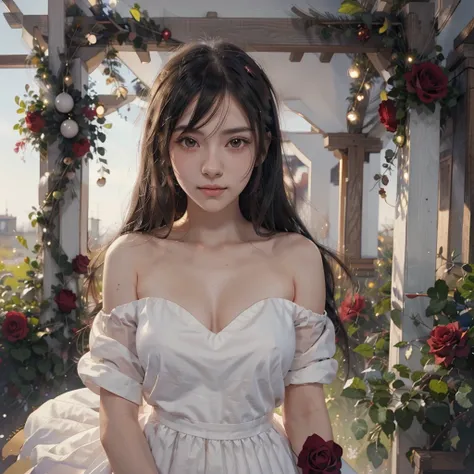 Anime girl with long black hair and a white dress with red roses, Gwaiz, Gwaiz on pixiv artstation,  detailed digital animation art, beautiful anime girl, Gwaiz on artstation pixiv, Anime Style 4k, everyone, beautiful anime portrait,  detailed portrait of ...