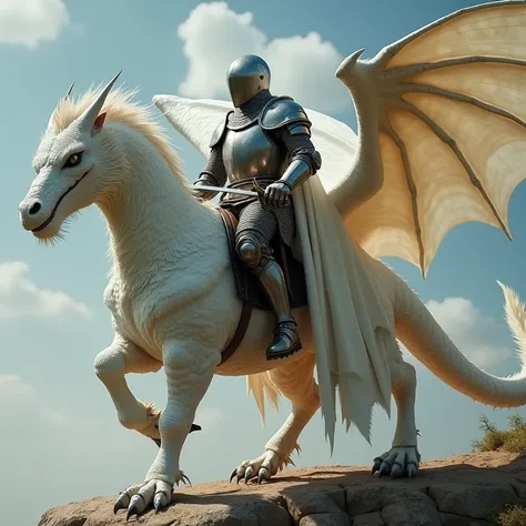 Realistic representation of the knight chess with anthropomorphic features and armed with a sword and medieval armor, heroic pose, riding a large white feathered dragon with damaged white cape features