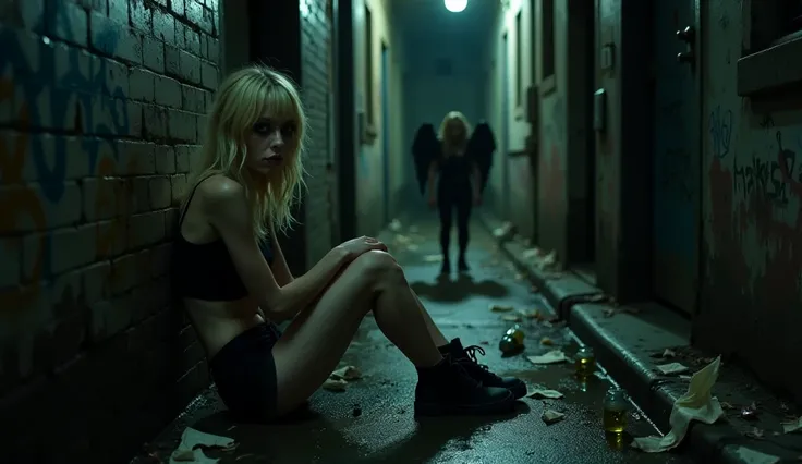 night, portrait, realistic, photography, of drug addicted tiny blonde young woman in black shorts and black shoes, looks like Emma Stone, Large interpupillary distance, white trash clothes gothic, Smokey Eyes, disheveled, sits on the ground and leans heavi...