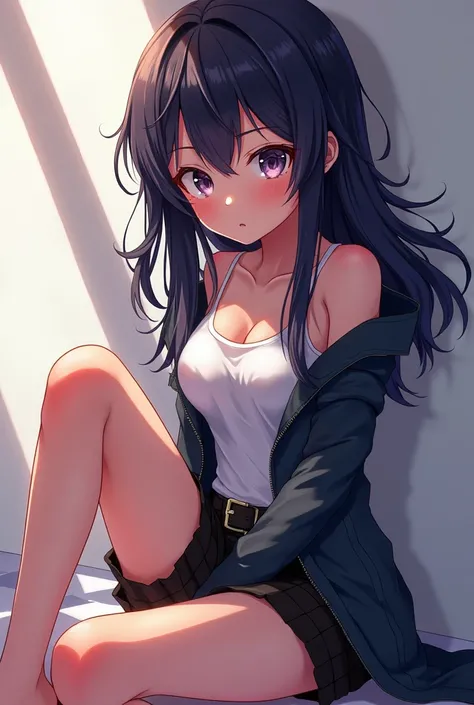 Make a picture of crossed legs anime girl character with dominant eyes