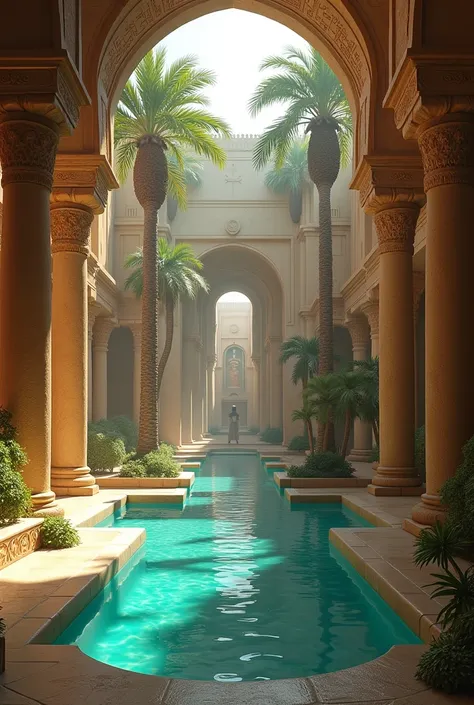 Fantasy magical Egypt room hyroglyphics environment palace living room environment pool palm trees 