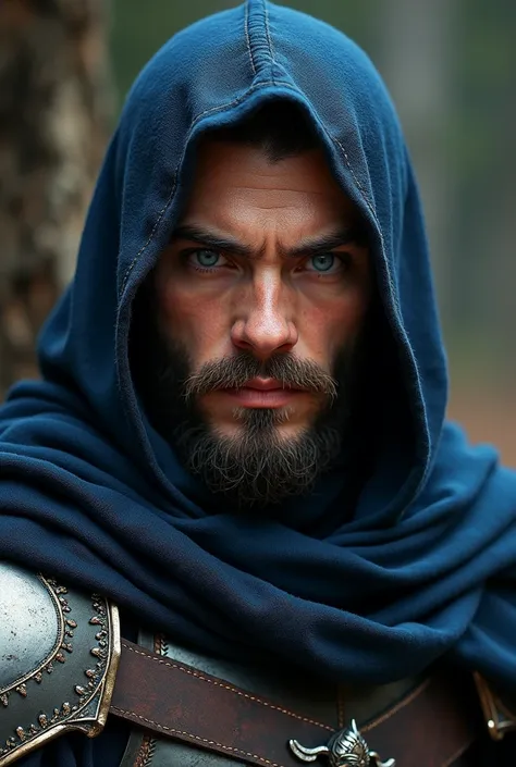 twenty-five year old man, dark hair, short beard,  Blue Eyes, dark blue cloaked armor
