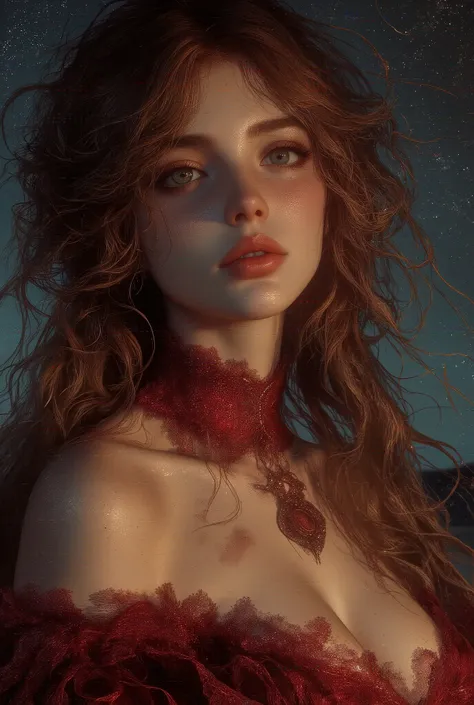 Layered bangs haircut , long thick eyelashes , long golden brown wavy quite silky thick hair , mesmerizing doe almond-shaped Hazel eyes mixed with green , plump full round natural red lips like doll lips with heavy lower lips , button flared small nose , r...