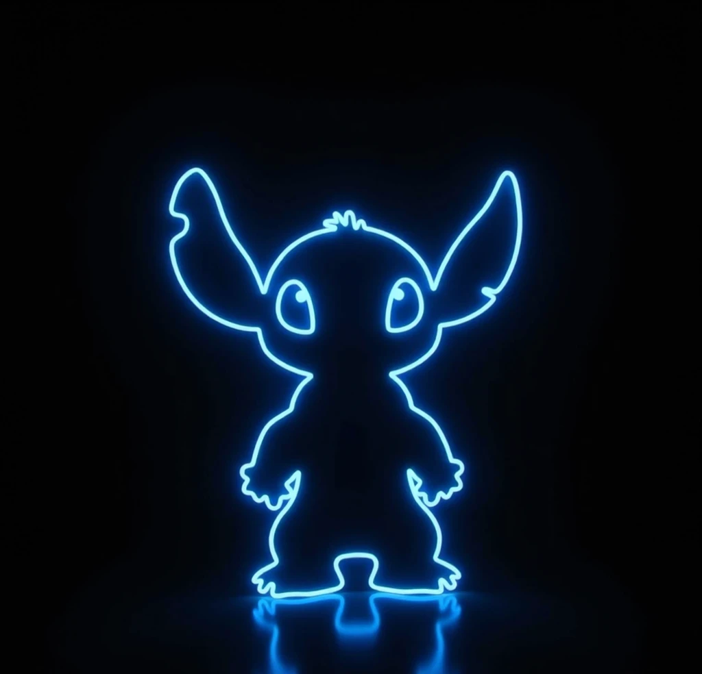  give me silhouettes of Stichs body from the movie Lilo and Stich in blue neons detailing her eyes, Nose, orejas y boca en un fondo totalmente negro y que se vea parado  que tenga boca y Nose  