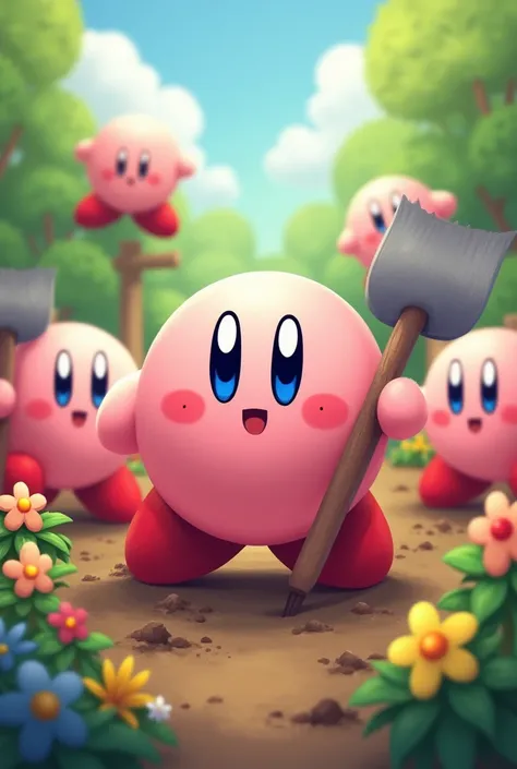 Kirby with a trowel with his friends Kirbys