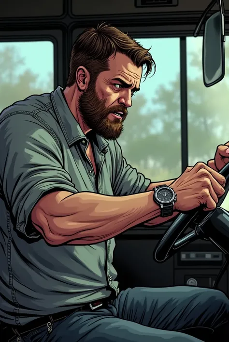 comic style cartoon Close-up of a school bus driver gripping the steering wheel. The drivers face is tense, with beads of sweat glistening on his furrowed brow. His eyes are darting nervously toward the rearview mirror, but he avoids fully turning his head...