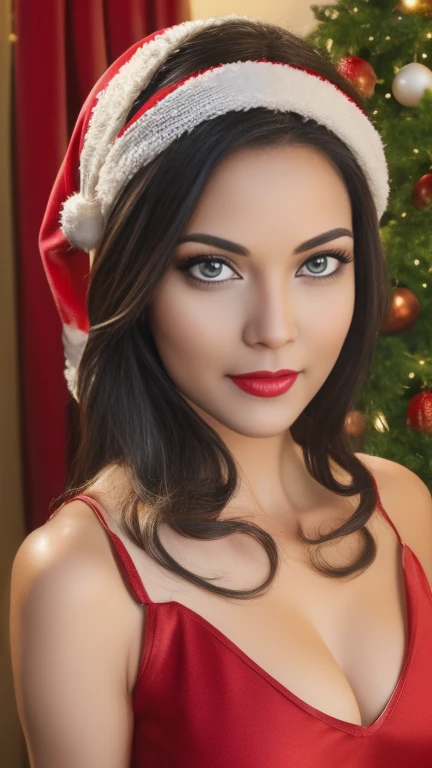 sfw:2,(masterpiece, best_quality:1.2), 1girl, solo, Santas little helper, in erotic Christmas cosplay outfit, detailed face, beautiful eyes, long eyelashes, full lips, detailed skin, intricate costume design, festive ornaments, warm lighting, photorealisti...